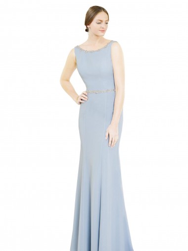 Low Back Light Sky Blue Soft Chiffon Boat Neck Long Sleeveless Bridesmaid Dress Southampton