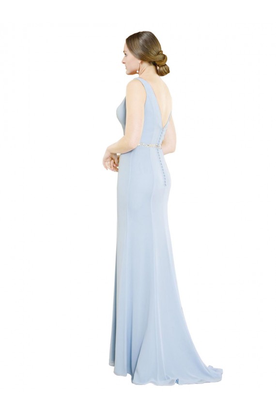 Low Back Light Sky Blue Soft Chiffon Boat Neck Long Sleeveless Bridesmaid Dress Southampton