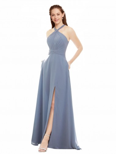 Soft Chiffon Halter Neck Long Sleeveless Evening Dress / Bridal Party Dress Southampton