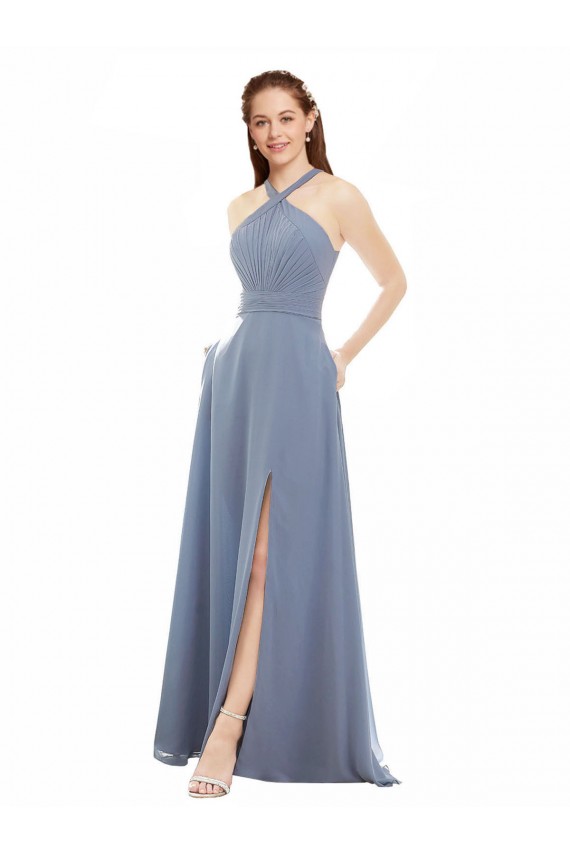 Soft Chiffon Halter Neck Long Sleeveless Evening Dress / Bridal Party Dress Southampton