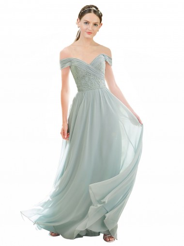 Sea Glass Soft Chiffon & Lace Off the Shoulder Long Cap Sleeves Bridesmaid Dress Southampton