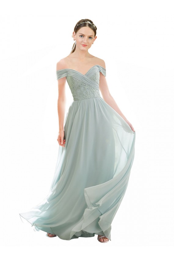 Sea Glass Soft Chiffon & Lace Off the Shoulder Long Cap Sleeves Bridesmaid Dress Southampton