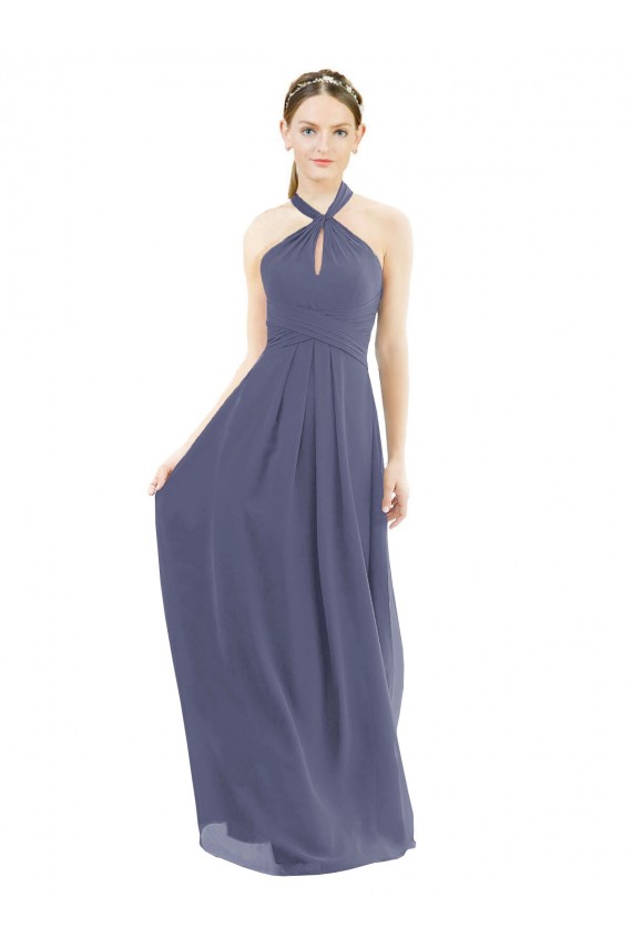 Low Back Silver Stone Soft Chiffon Halter Neck Long Sleeveless Bridesmaid Dress Southampton