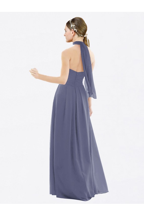 Low Back Silver Stone Soft Chiffon Halter Neck Long Sleeveless Bridesmaid Dress Southampton