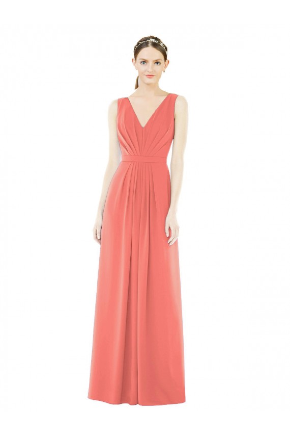 V-Back Coral Soft Chiffon V-Neck Long Sleeveless Bridesmaid Dress Southampton