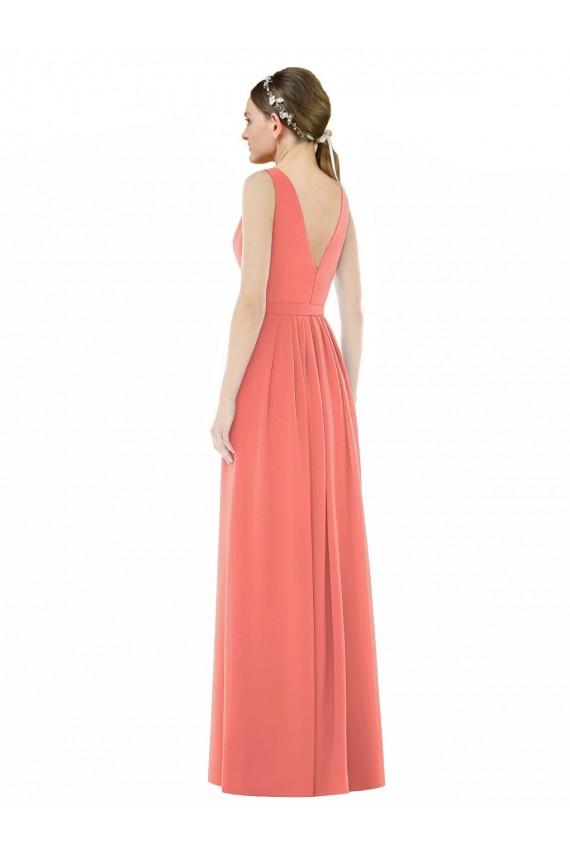 V-Back Coral Soft Chiffon V-Neck Long Sleeveless Bridesmaid Dress Southampton