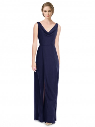 V-Back Dark Navy Soft Chiffon Cowl Neck Long Sleeveless Bridesmaid Dress Southampton