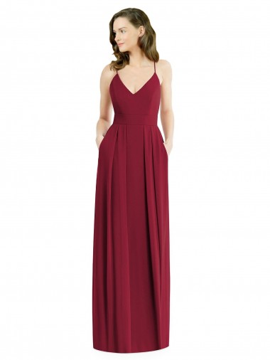 Open Back Burgundy Soft Chiffon Spaghetti Straps Long Sleeveless Semi Formal Evening Dress / Bridesmaid Dress Southampton