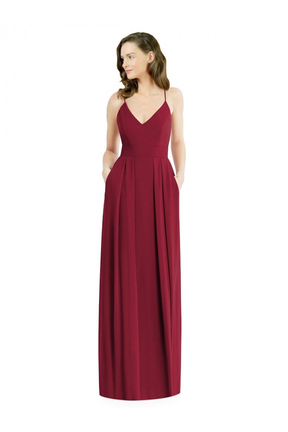 Open Back Burgundy Soft Chiffon Spaghetti Straps Long Sleeveless Semi Formal Evening Dress / Bridesmaid Dress Southampton