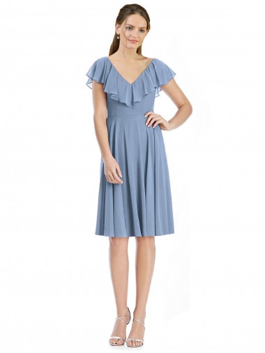 V-Back Soft Chiffon V-Neck Cocktail Length Cap Sleeves Bridesmaid Dress Southampton