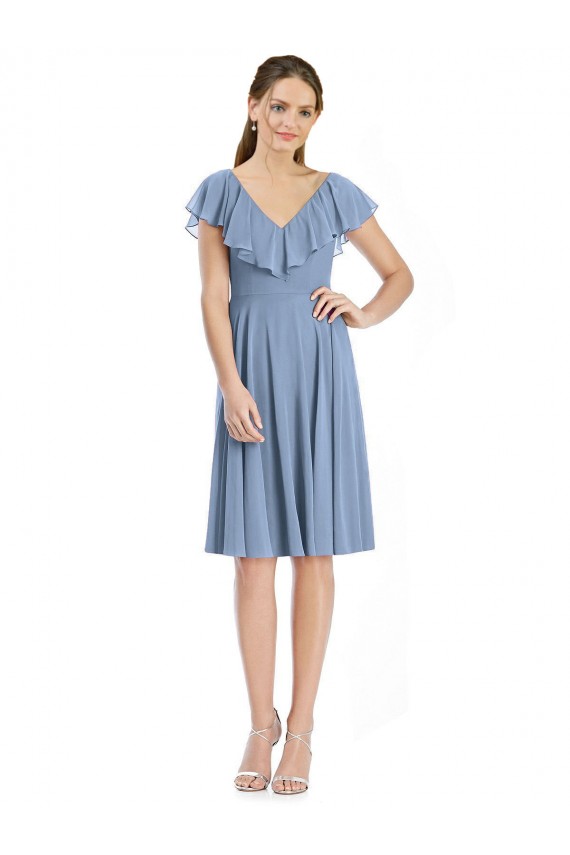 V-Back Soft Chiffon V-Neck Cocktail Length Cap Sleeves Bridesmaid Dress Southampton