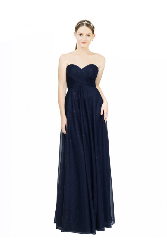 Low Back Dark Navy Chiffon Sweetheart Long Sleeveless Bridesmaid Dress / Evening Dress Southampton