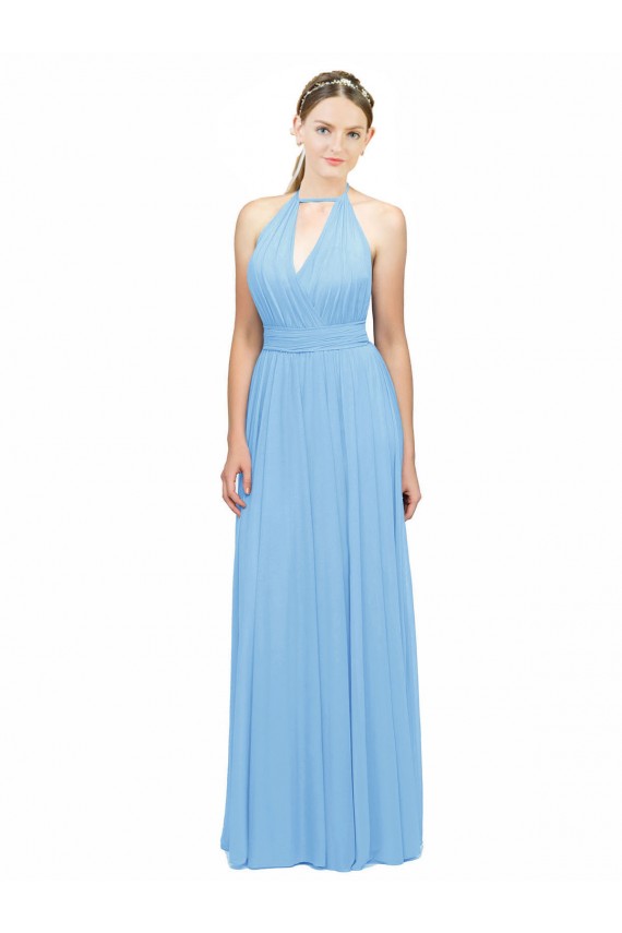 Low Back Periwinkle Soft Chiffon Halter Neck Long Sleeveless Bridesmaid Dress Southampton