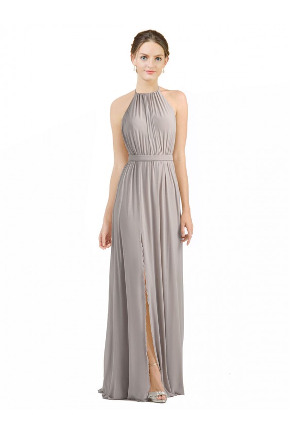 Low Back Oyster Silver Soft Chiffon Halter Neck Long Sleeveless Bridesmaid Dress Southampton