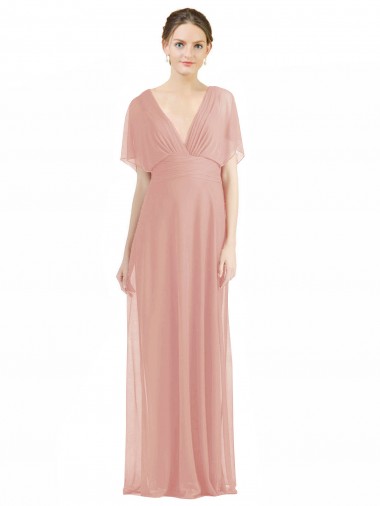 V-Back Soft Chiffon V-Neck Short Sleeves Long Bridesmaid Dress / Formal Dress Southampton