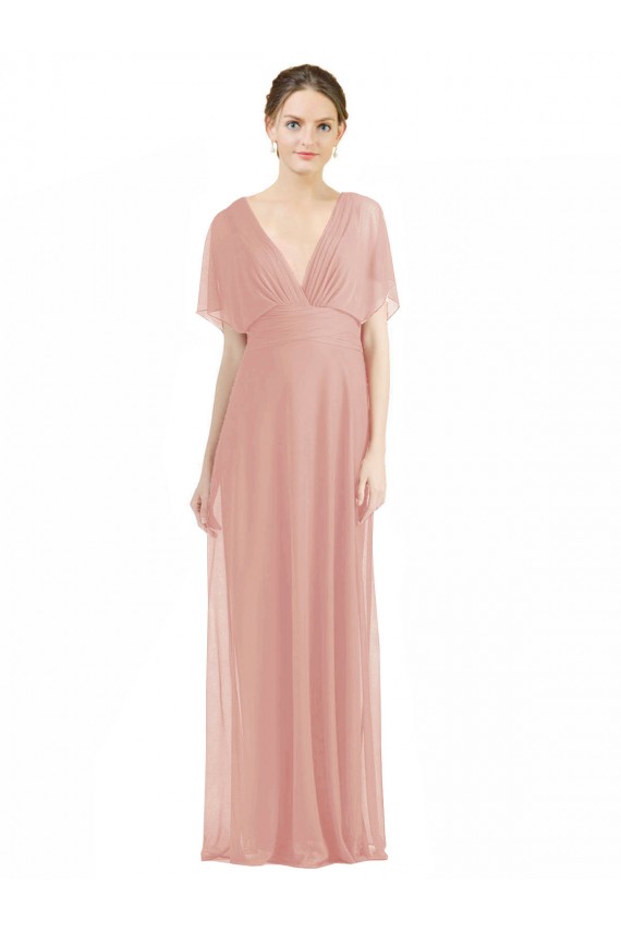 V-Back Soft Chiffon V-Neck Short Sleeves Long Bridesmaid Dress / Formal Dress Southampton