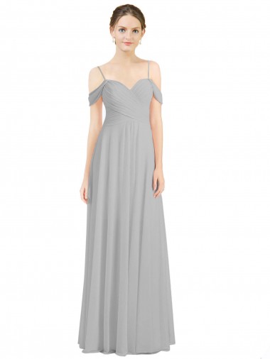 Low Back Silver Lxue Chiffon Off the Shoulder Long Sleeveless Bridesmaid Dress Southampton
