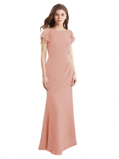 Low Back Soft Chiffon Boat Neck Long Sleeveless Prom Dress / Bridesmaid Dress Southampton