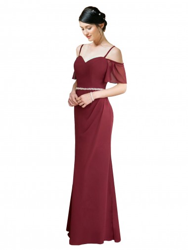Low Back Burgundy Soft Chiffon Spaghetti Straps Long Cold Shoulder Bridesmaid Dress Southampton