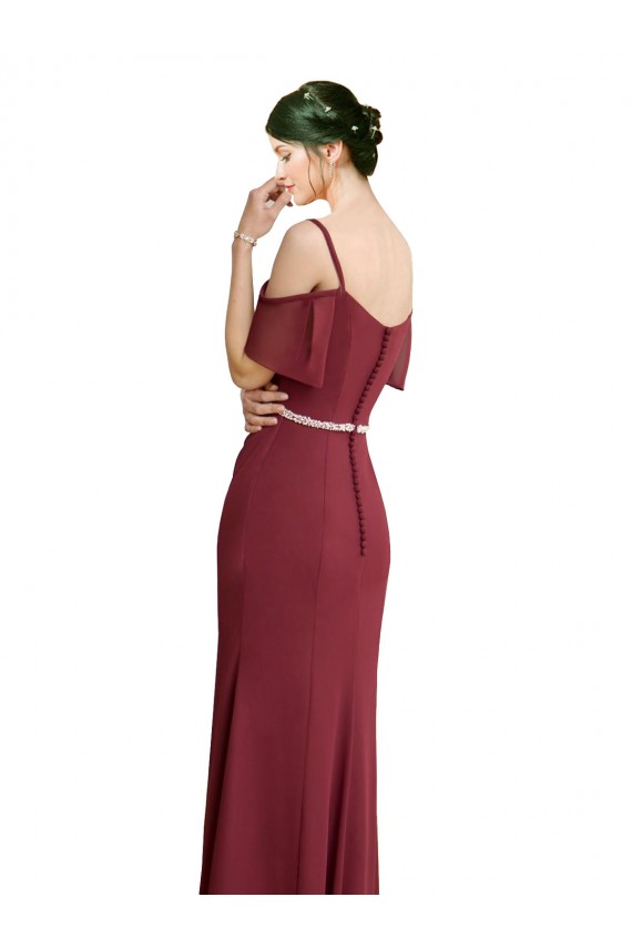 Low Back Burgundy Soft Chiffon Spaghetti Straps Long Cold Shoulder Bridesmaid Dress Southampton