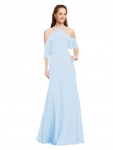 Soft Chiffon Halter Neck Long Cold Shoulder Formal Dress / Bridesmaid Dress Southampton