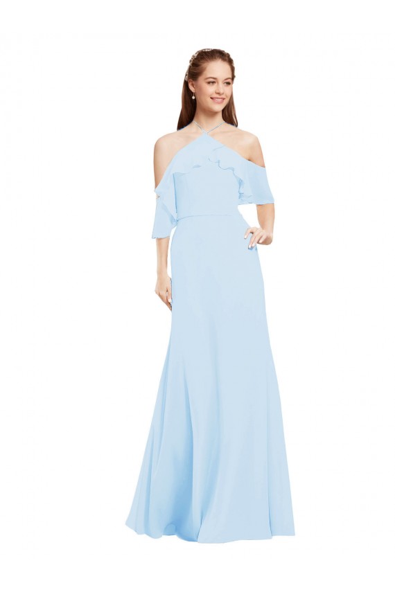 Soft Chiffon Halter Neck Long Cold Shoulder Formal Dress / Bridesmaid Dress Southampton