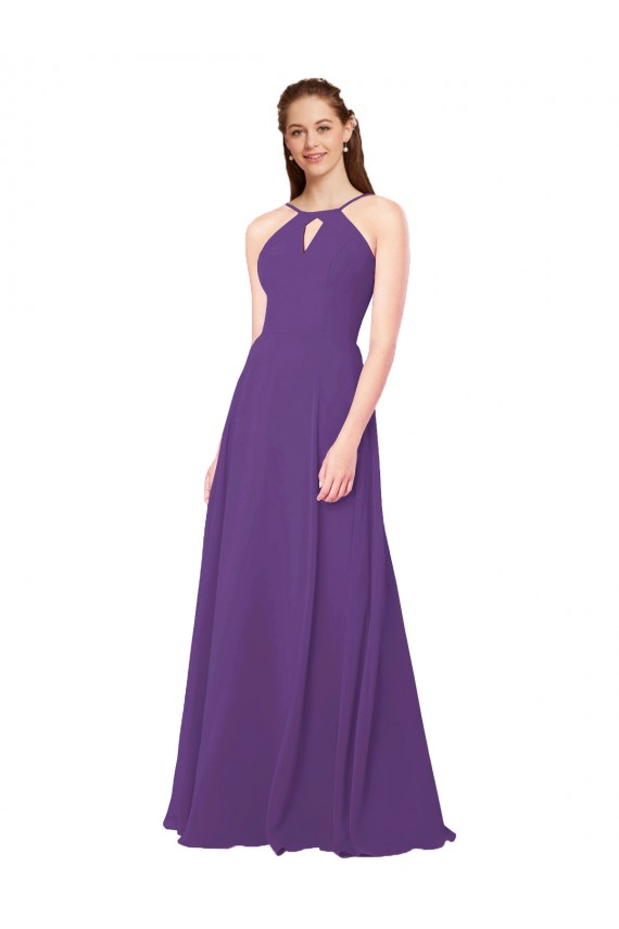 Plum Purple Soft Chiffon High Neck Long Sleeveless Bridesmaid Dress Southampton