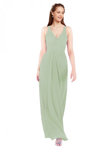 Keyhole Back Smoke Green Soft Chiffon V-Neck Long Sleeveless Bridesmaid Dress Southampton