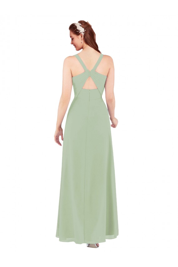 Keyhole Back Smoke Green Soft Chiffon V-Neck Long Sleeveless Bridesmaid Dress Southampton