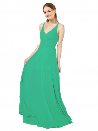 Open Back Emerald Green Soft Chiffon V-Neck Long Sleeveless Bridesmaid Dress Southampton