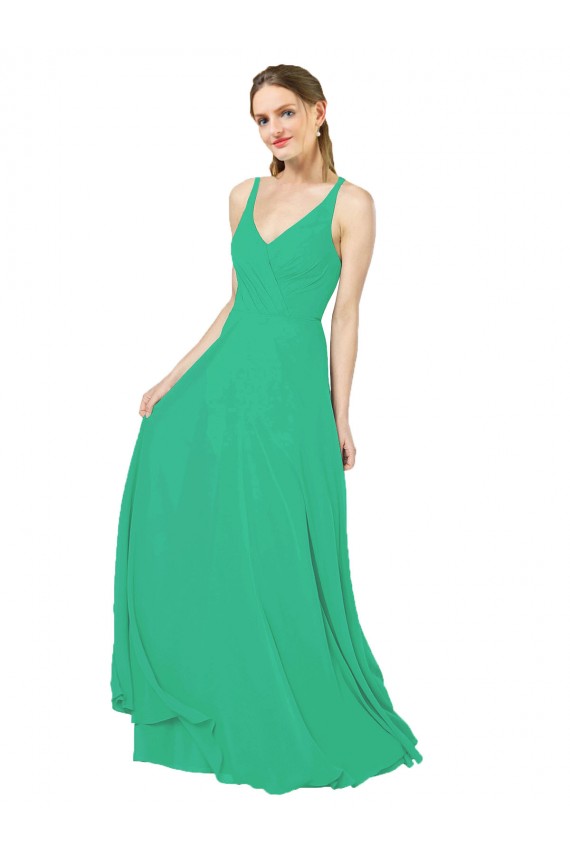 Open Back Emerald Green Soft Chiffon V-Neck Long Sleeveless Bridesmaid Dress Southampton