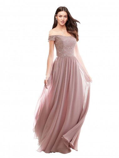 Pink Soft Chiffon & Lace Off the Shoulder Long Cap Sleeves Bridesmaid Dress Southampton
