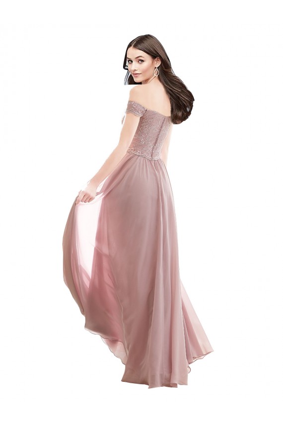 Pink Soft Chiffon & Lace Off the Shoulder Long Cap Sleeves Bridesmaid Dress Southampton