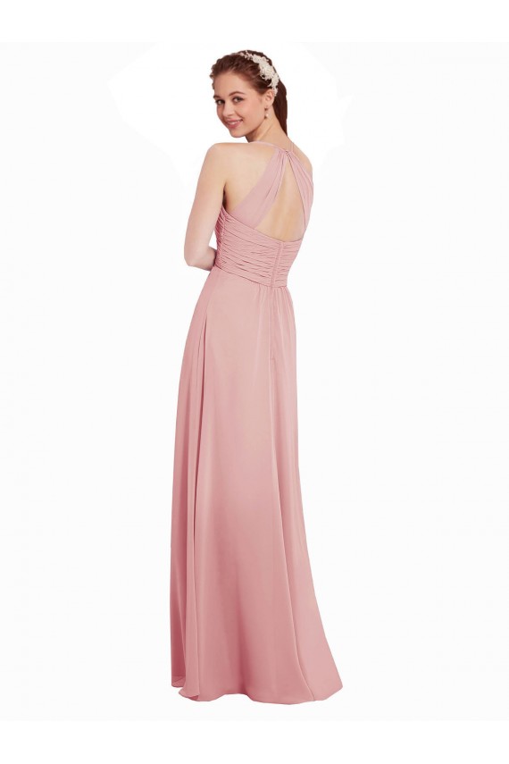 Keyhole Back Bliss Pink Soft Chiffon Halter Neck Long Sleeveless Bridesmaid Dress Southampton