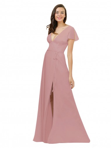 V-Back Dusty Pink Chiffon V-Neck Long Flutter Sleeves Bridesmaid Dress / Evening Dress Southampton