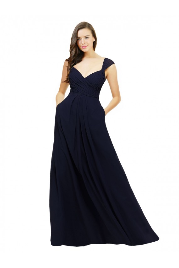 Dark Navy Chiffon Sweetheart Long Sleeveless Bridesmaid Gowns Southampton