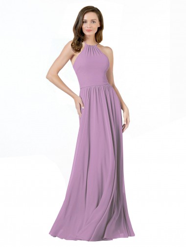 Dark Lavender Soft Chiffon Halter Neck Long Sleeveless Bridesmaid Dress Southampton