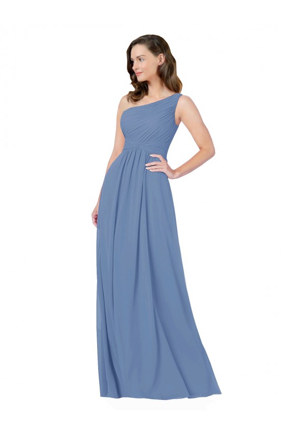 Windsor Blue Soft Chiffon One Shoulder Long Sleeveless Bridesmaid Dress Southampton