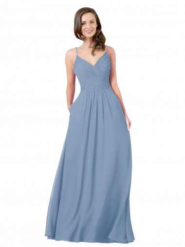 Open Back Dusty Blue Chiffon V-Neck Long Sleeveless Bridesmaid Dress / Evening Dress Southampton
