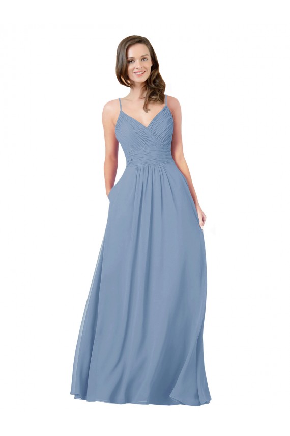 Open Back Dusty Blue Chiffon V-Neck Long Sleeveless Bridesmaid Dress / Evening Dress Southampton