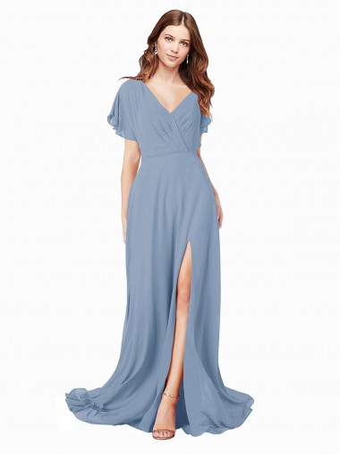 Soft Chiffon V-Neck Long Cap Sleeves Black Tie Prom Dress / Bridesmaid Dress Southampton