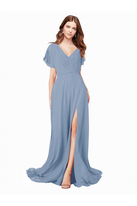 Soft Chiffon V-Neck Long Cap Sleeves Black Tie Prom Dress / Bridesmaid Dress Southampton