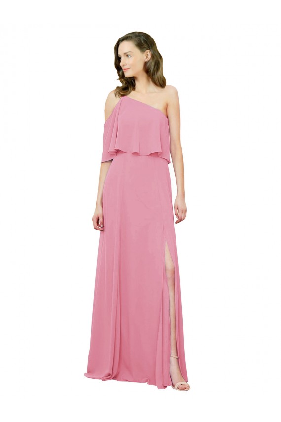 Skin Pink Soft Chiffon One Shoulder Long Sleeveless Bridal Party Dress Southampton