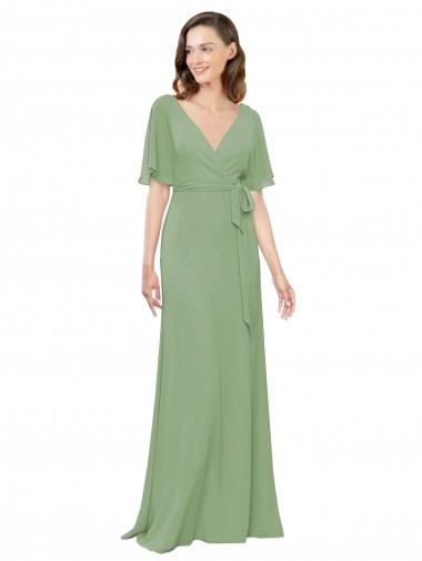 Soft Chiffon V-Neck Long Short Flutter Sleeves Bridesmaid Dress Southampton