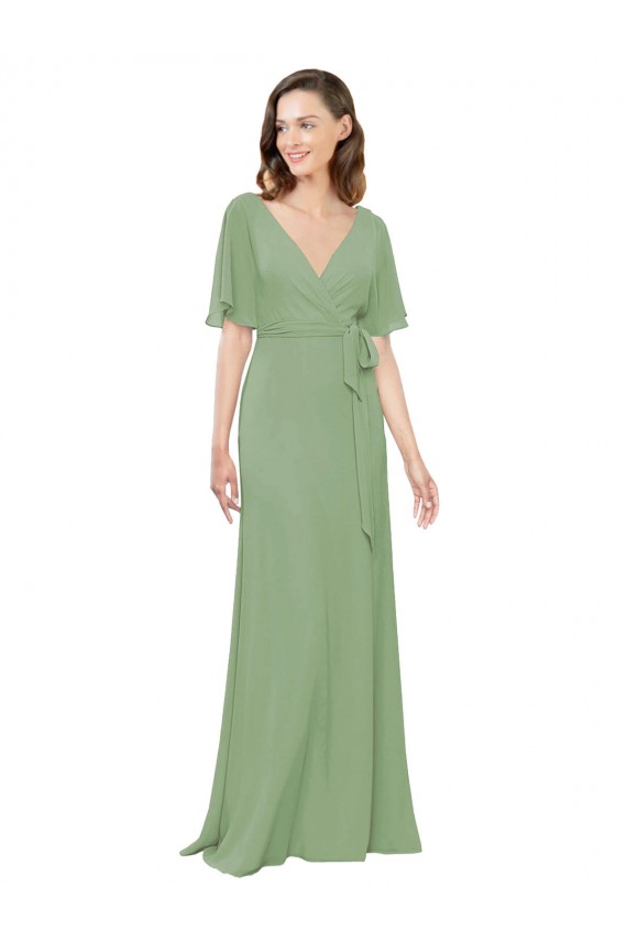 Soft Chiffon V-Neck Long Short Flutter Sleeves Bridesmaid Dress Southampton