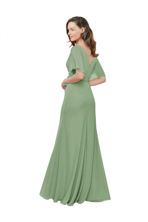 Soft Chiffon V-Neck Long Short Flutter Sleeves Bridesmaid Dress Southampton
