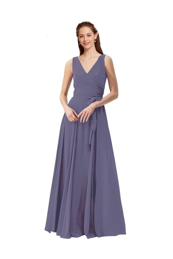 Silver Stone Soft Chiffon V-Neck Long Sleeveless Bridesmaid Dress Southampton