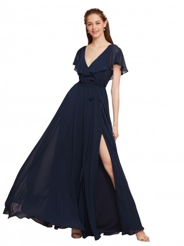 V-Back Chiffon V-Neck Long Cap Sleeves Evening Gowns / Bridesmaid Dresses Southampton