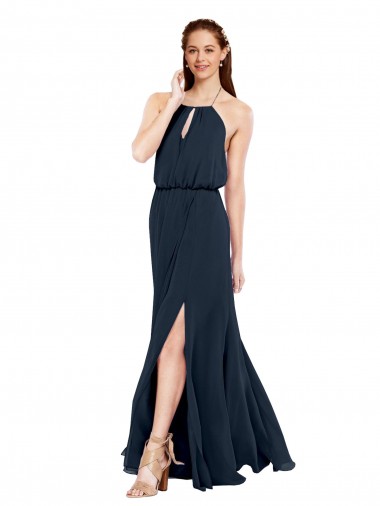 Open Back Dark Navy Chiffon Halter Neck Long Sleeveless Bridesmaid Dress / Evening Dress Southampton