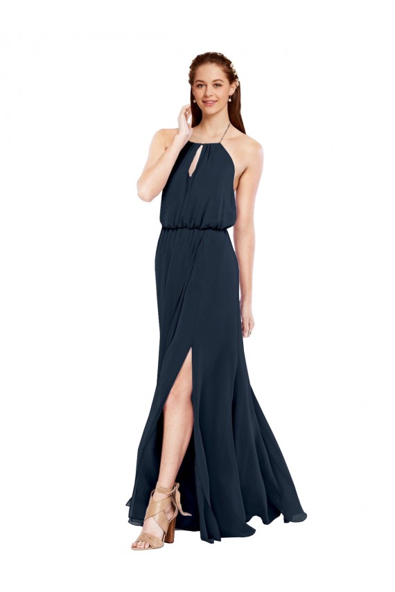 Open Back Dark Navy Chiffon Halter Neck Long Sleeveless Bridesmaid Dress / Evening Dress Southampton